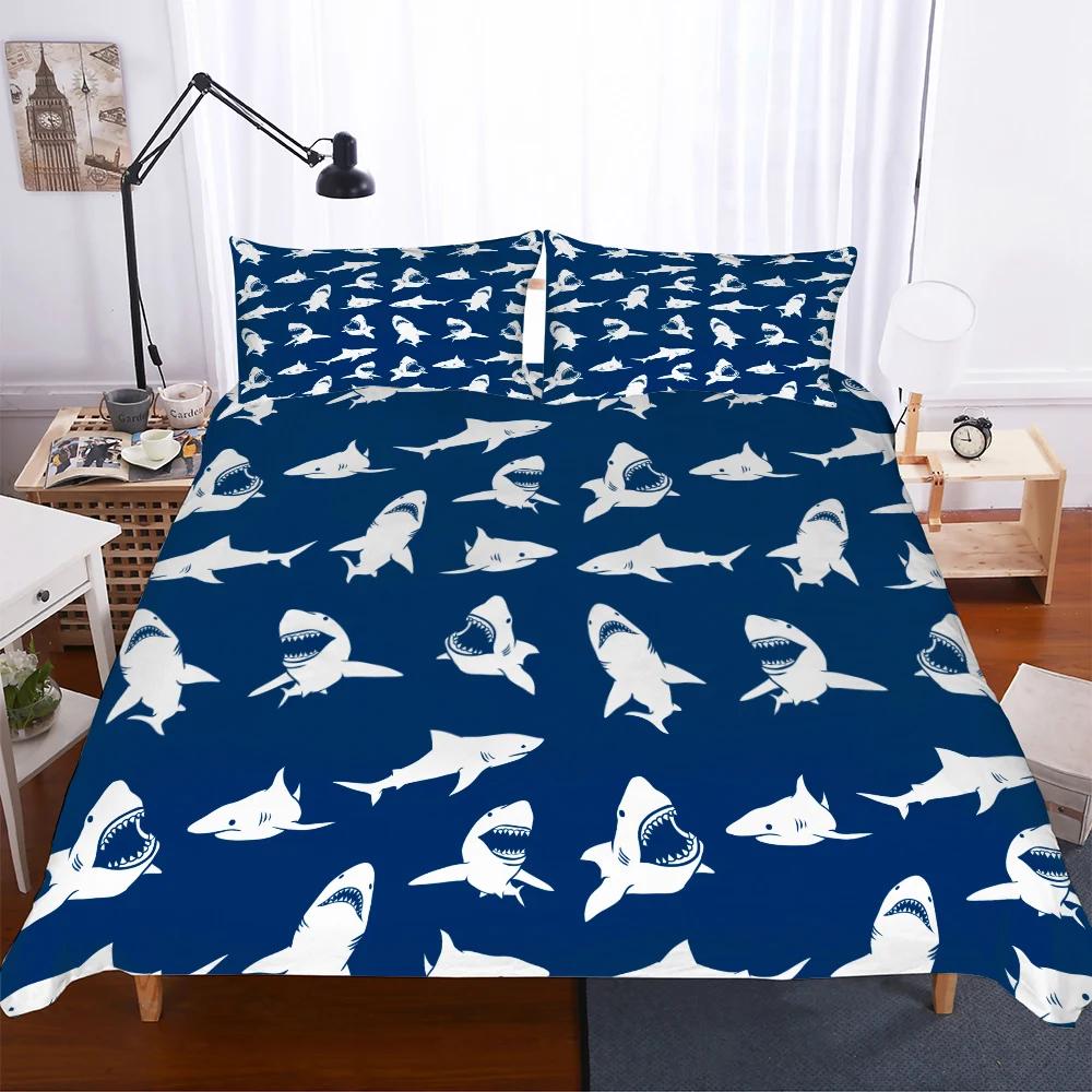 3D Print Red Blue Black Shark Whale Duvet Cover with Pillow Cover High Quality Soft Comforter Cover Bedding 100% Bamboo Fiber