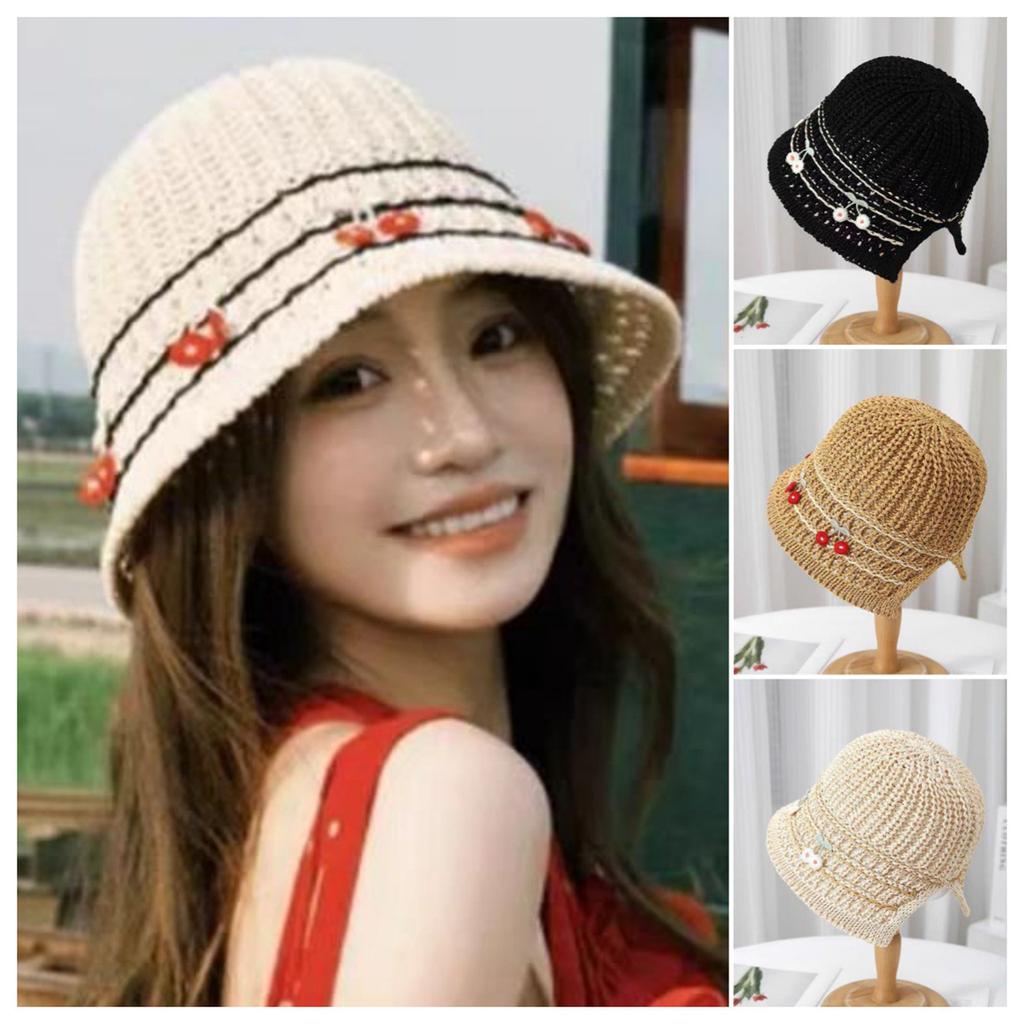 Summer Women Straw Bucket Hat Cute Cherry Breathable Panama Fisherman Hats Outdoor Travel Beach Female Sunscreen Cap
