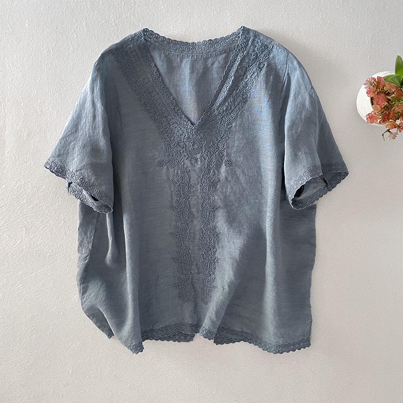 2026 Summer Japanese Style Slimming V-neck Embroidered Linen Blouse Double Extra Large