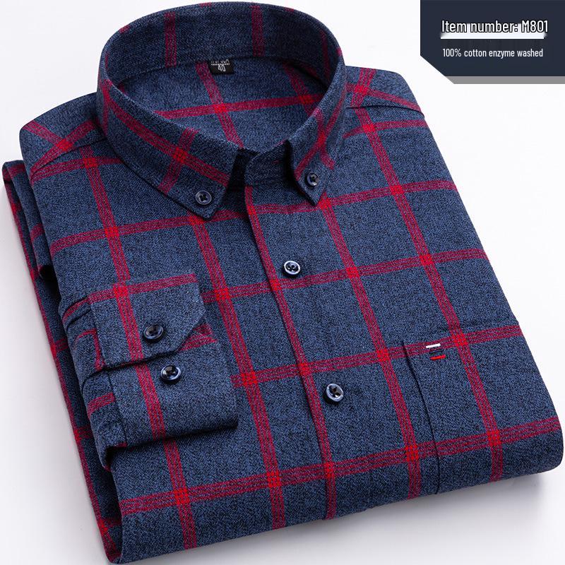 Men's Plaid Cotton Long Sleeve Slim Fit Shirt - Non-Iron, Plus Size, Casual Business Attire for Middle-Aged and Elderly