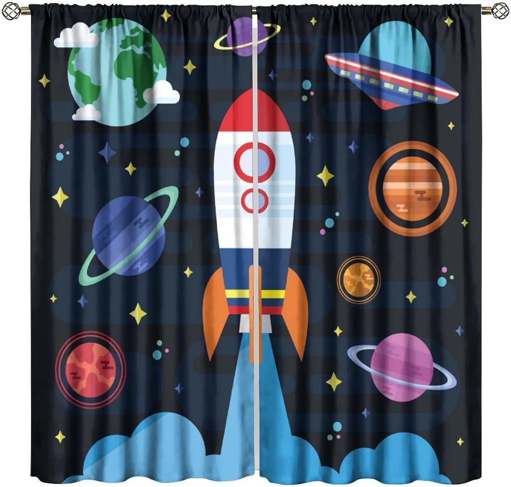 Kids Outer Space Curta, Universe Themed Earth Moon Rockets Stars Window Drapes, For Boys Girls Room Bedroom Living Room
