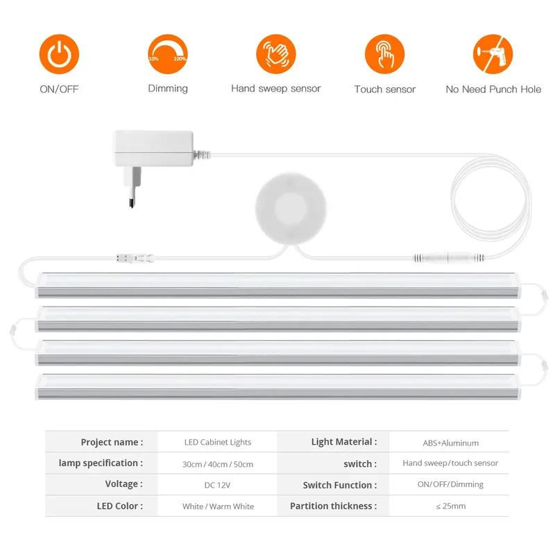 1-6PCS Set LED Cabinet Bar Lamps EU 220V Integrated Lighting With Dimmable Touch/Hand Sweep Sensor Switch 25mm Board Penetrable