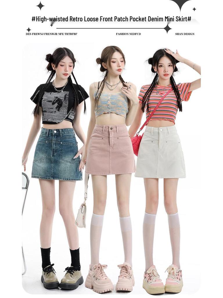 2023 Damska Mini Spódniczka Jeansowa A-Line z Wysokim Stanem w Kolorze Off-White: Antyekspozycja, Petite, Wyszczuplający Styl Letni