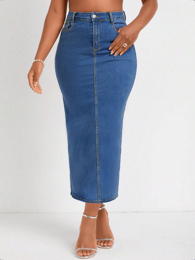 High-Waisted Slimming Denim Midi Skirt with Slit