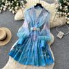 Herbst Notched Collar Print Blume Feiertag Kurzes Kleid 2026 Neu Boho Damen Einreiher Leinen Laternenärmel Gürtel Hemdkleid