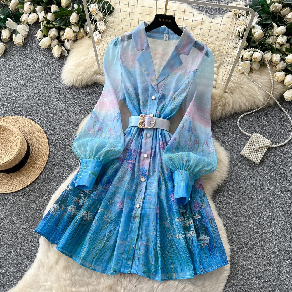 Herbst Notched Collar Print Blume Feiertag Kurzes Kleid 2026 Neu Boho Damen Einreiher Leinen Laternenärmel Gürtel Hemdkleid