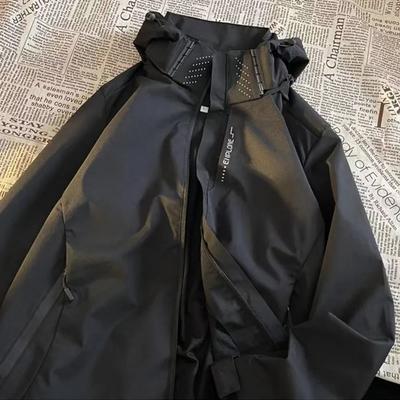Giacca con cappuccio da uomo, cerniera, punk, abbigliamento da alpinismo, sport all'aria aperta, casual, larghi, tinta unita, cappotti, tasca con cerniera, cappello elastico