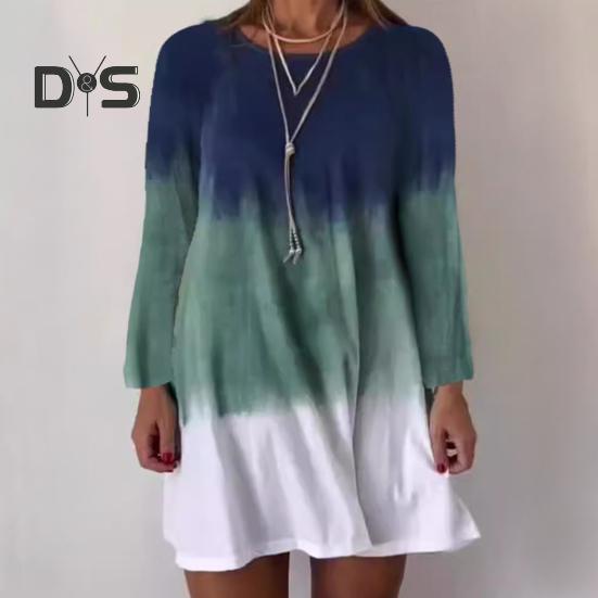 Women's Long Sleeve Dress Gradient Color Printed Dress Loose Fit Round Neck Pullover Dress for Daily Work Parties