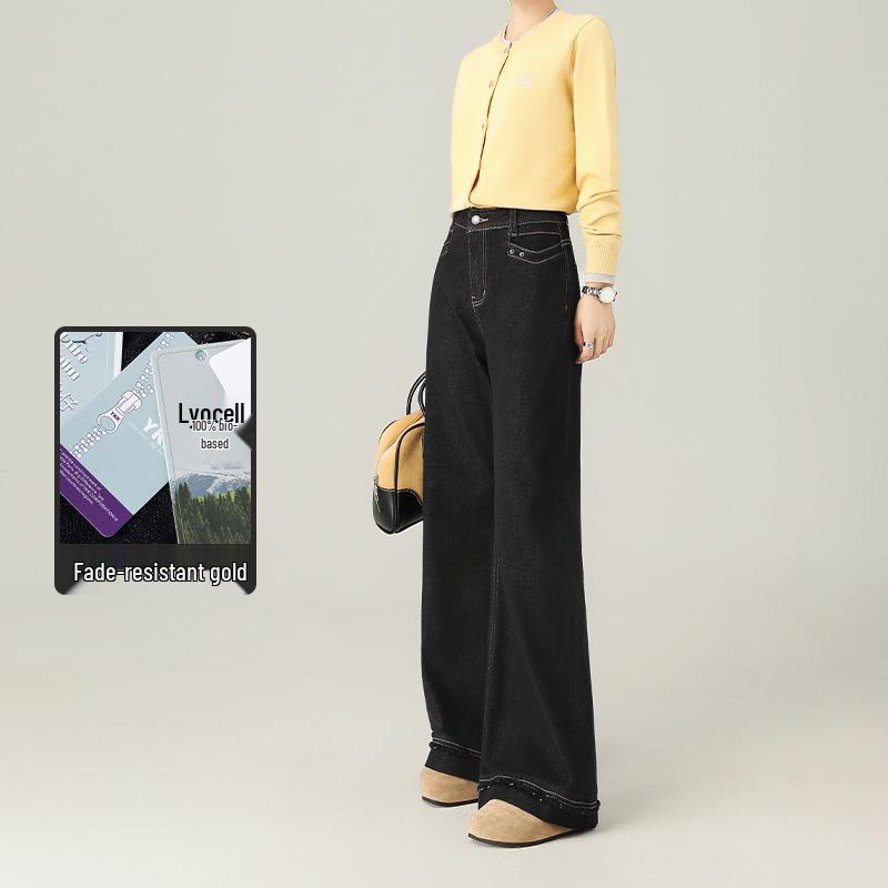 

Black and Gold Fade-Resistant Lyocell Wide-Leg Denim Pants with Raw Hem and Metal Accents. 31