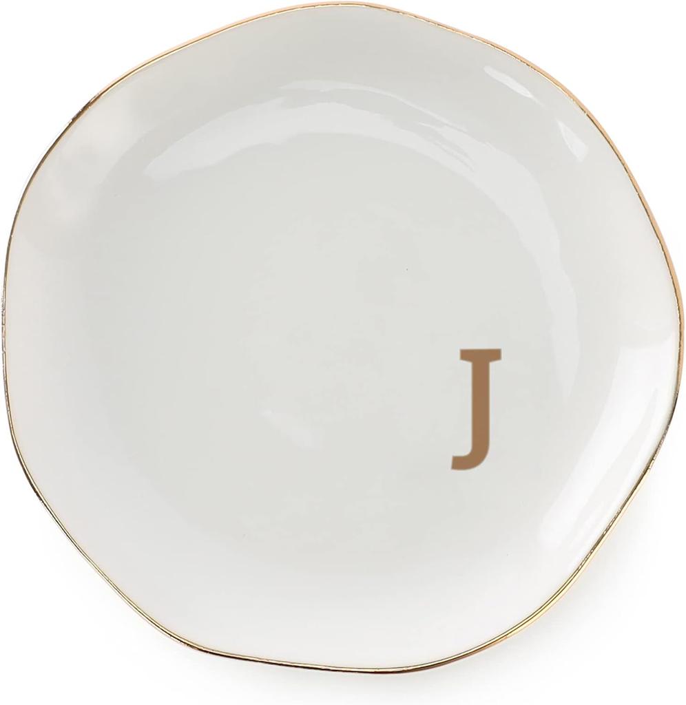 Initials Ring Dish Jewery Tray with Personalized A-Z Monogrammed Gifts Wedding Engagement for Women Friends sister,Ceramic White