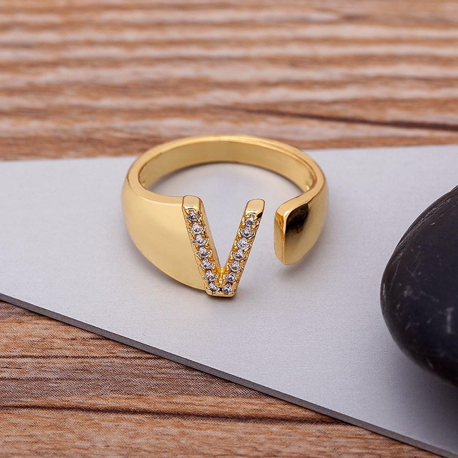 AIBEF New  A-Z Letter Gold Color Metal Adjustable Opening Ring Initials Name For Women Finger Rings Party Crystal Jewelry