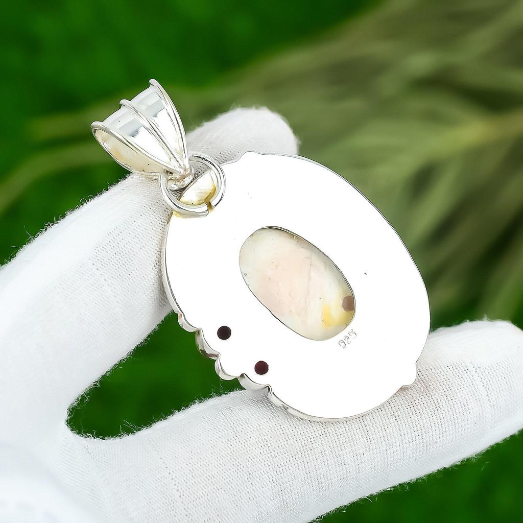 Owalny Kamień Scolecite Granat Mozambicki Srebro Próby 925 Oprawka Wisiorek Biżuteria