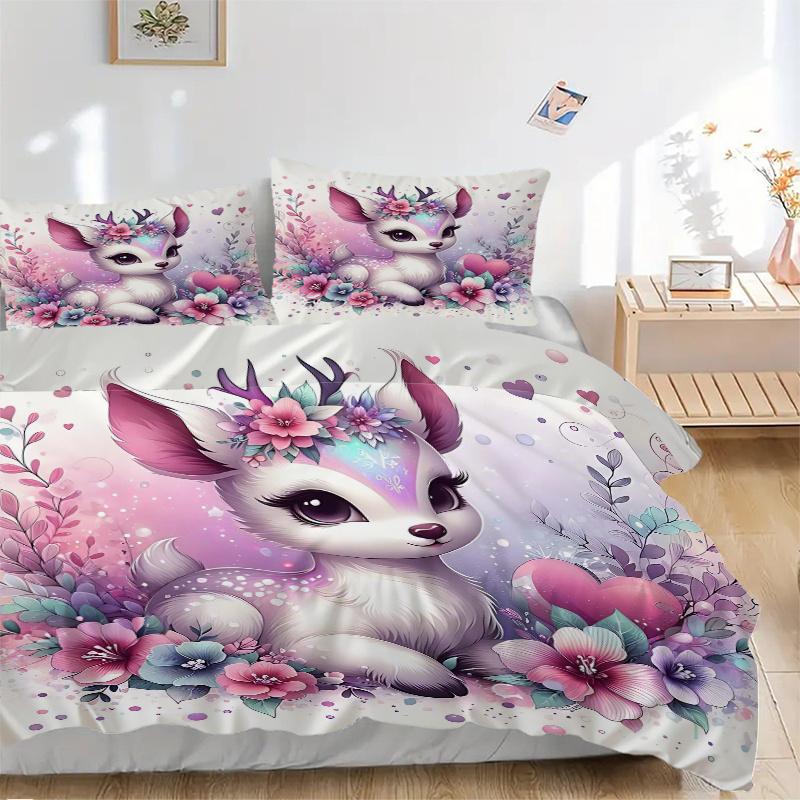 3-teiliges schönes kleines Hirsch Bettwäsche-Set, Enthält 1 Bettbezug und 2 Kissenbezüge, Ohne Füllung, Weich und Bequem für Zuhause Schlafzimmer Stoff