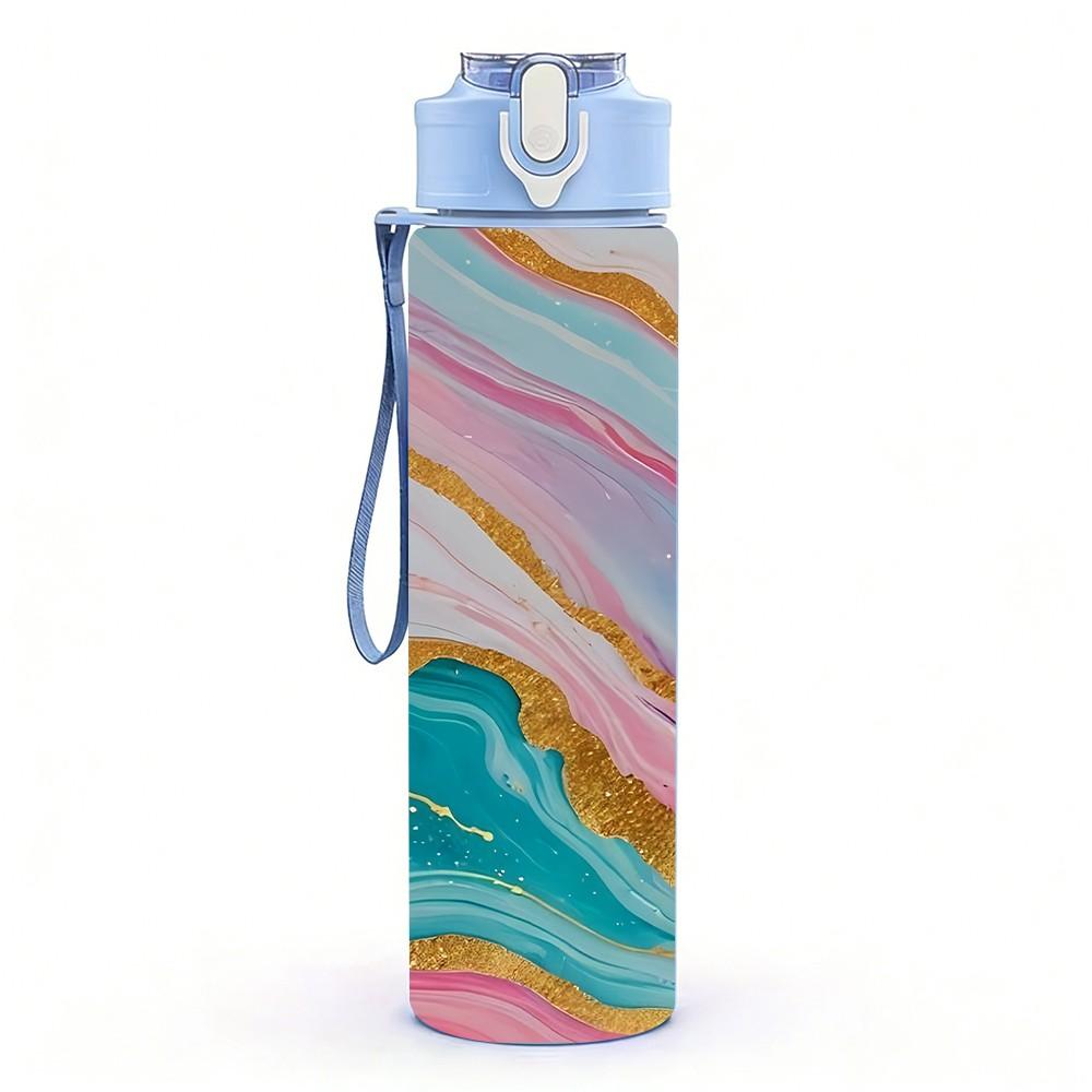 1PC Pink Blue Geode Marble Pattern 750ml Color Plastic Sports Water Bottle Leakproof Flip Straw Lid Suitable for Sports Office Home Use