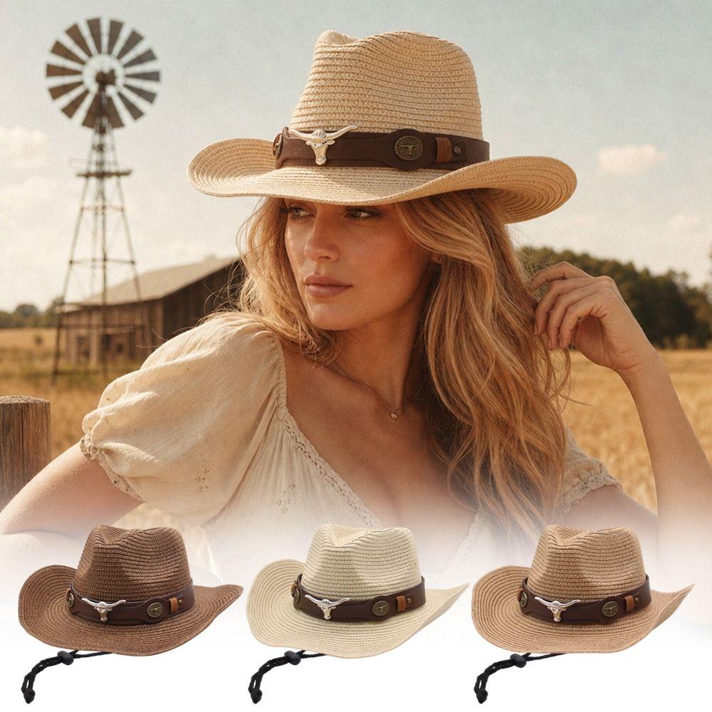 Summer Western Cowboy Hat Wide Brim Beach Panama Hat Casual Straw Cap