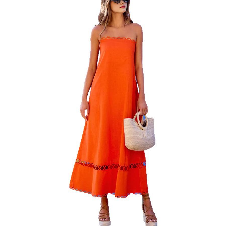 

Orange & Black Strapless Maxi Dress with Lace-Up Neckline and Hem XL