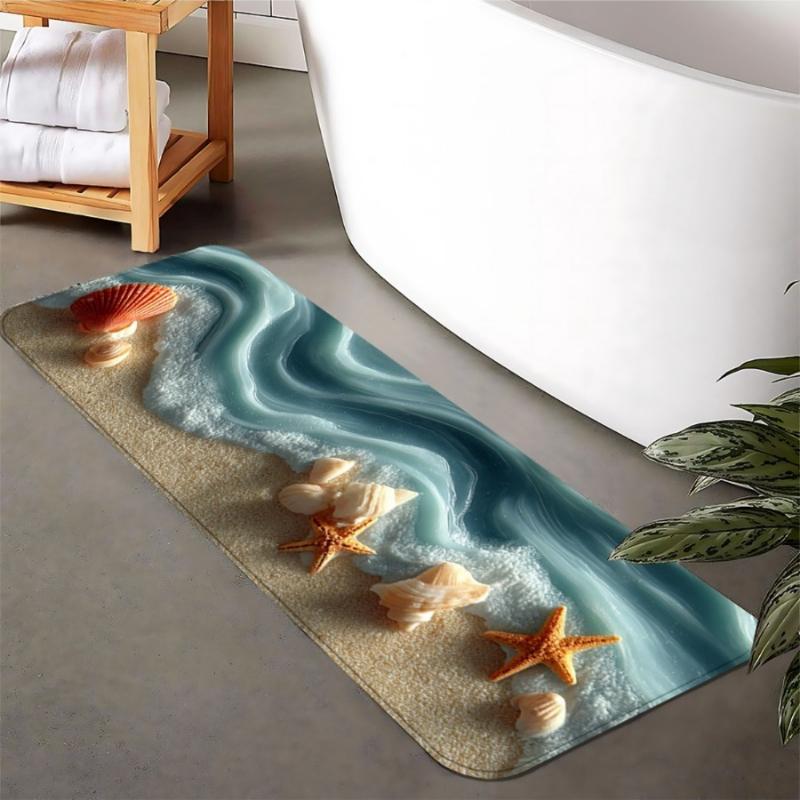 Realistic 3D Beach Waves and Seashells Themed Runner Rug, Non-Slip Washable Durable Floor Mat for Bathroom Nautical Home Decor