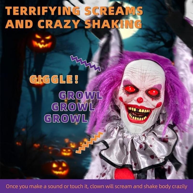 Halloween Animated Hanging Clown Motorized Shaking Body with Glowing Eyes and CreepySoundOutdoor Haunted House Horror Decoration