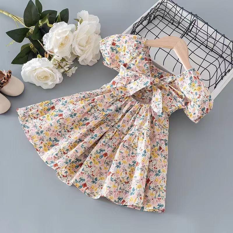 Girls Summer Cotton Floral Princess Dress Stylish Kids Party Dress Pure Cotton Short Sleeve A Line Sundress For Children