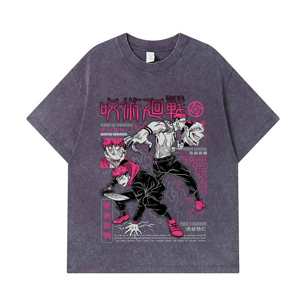 275 GSM Washed T-shirts 100% Cotton Jujutsu Kaisen V34 Yuji Sukuna Print Unisex Heavy Cotton T Shirt