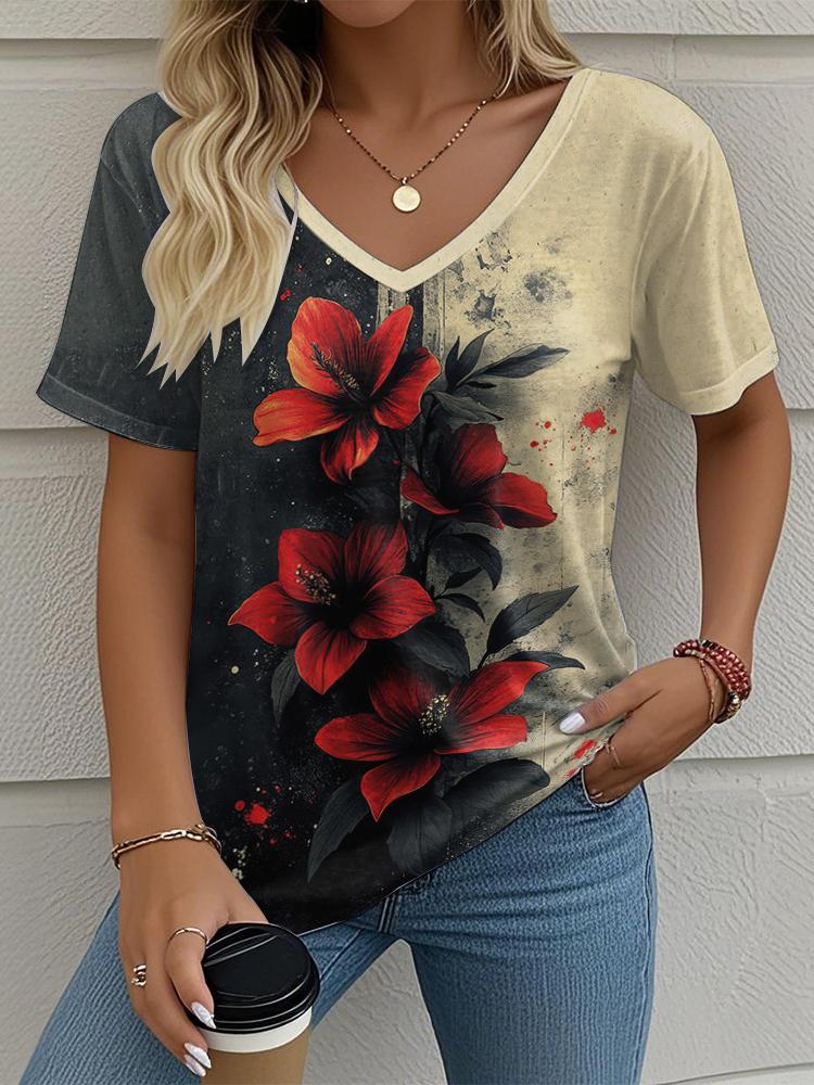 Flower Floral Painting 3D Print T-Shirts Women's V-Neck Short Sleeve T Shirt Y2K Oversized Tees Harajuku Tops Female Clothing