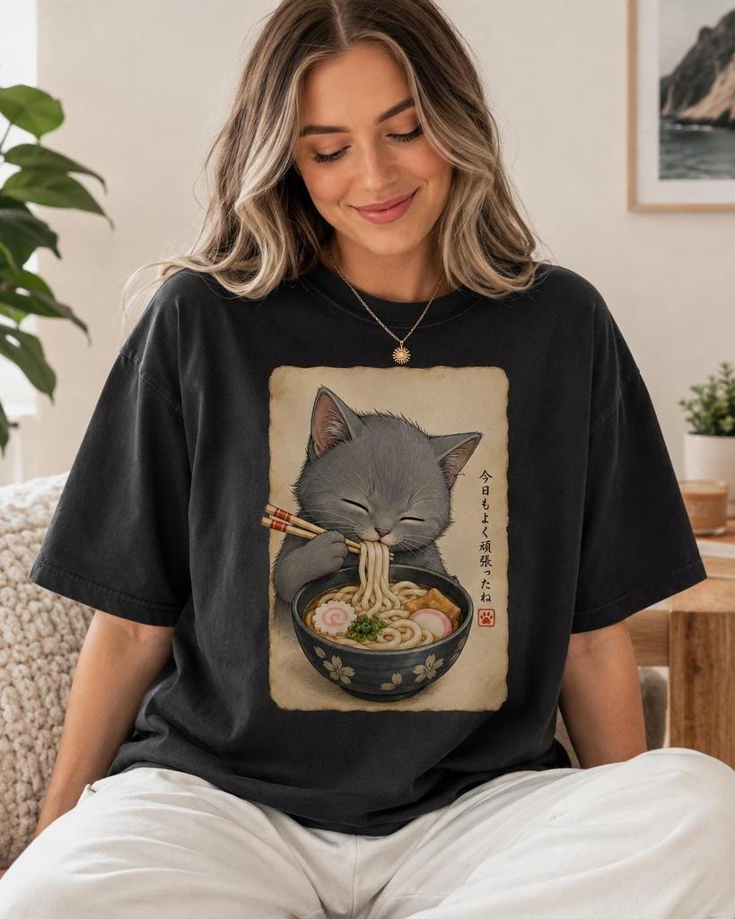 Gray Cat Ramen Shirt, Cute Cat Noodles Tee, Japanese Food Shirt, Cat Lover Gift, Anime Cat Comfort Colors T-Shirt