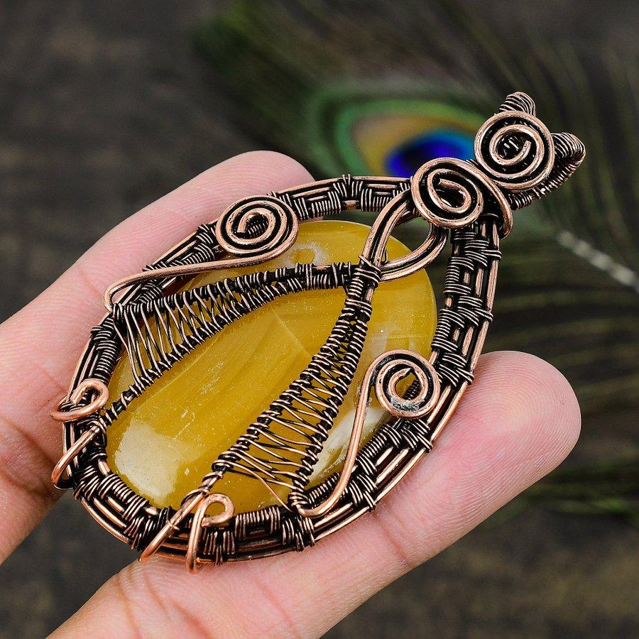 Yellow Fluorite Gemstone Copper Wire Wrap Jewelry Pendant 3.03