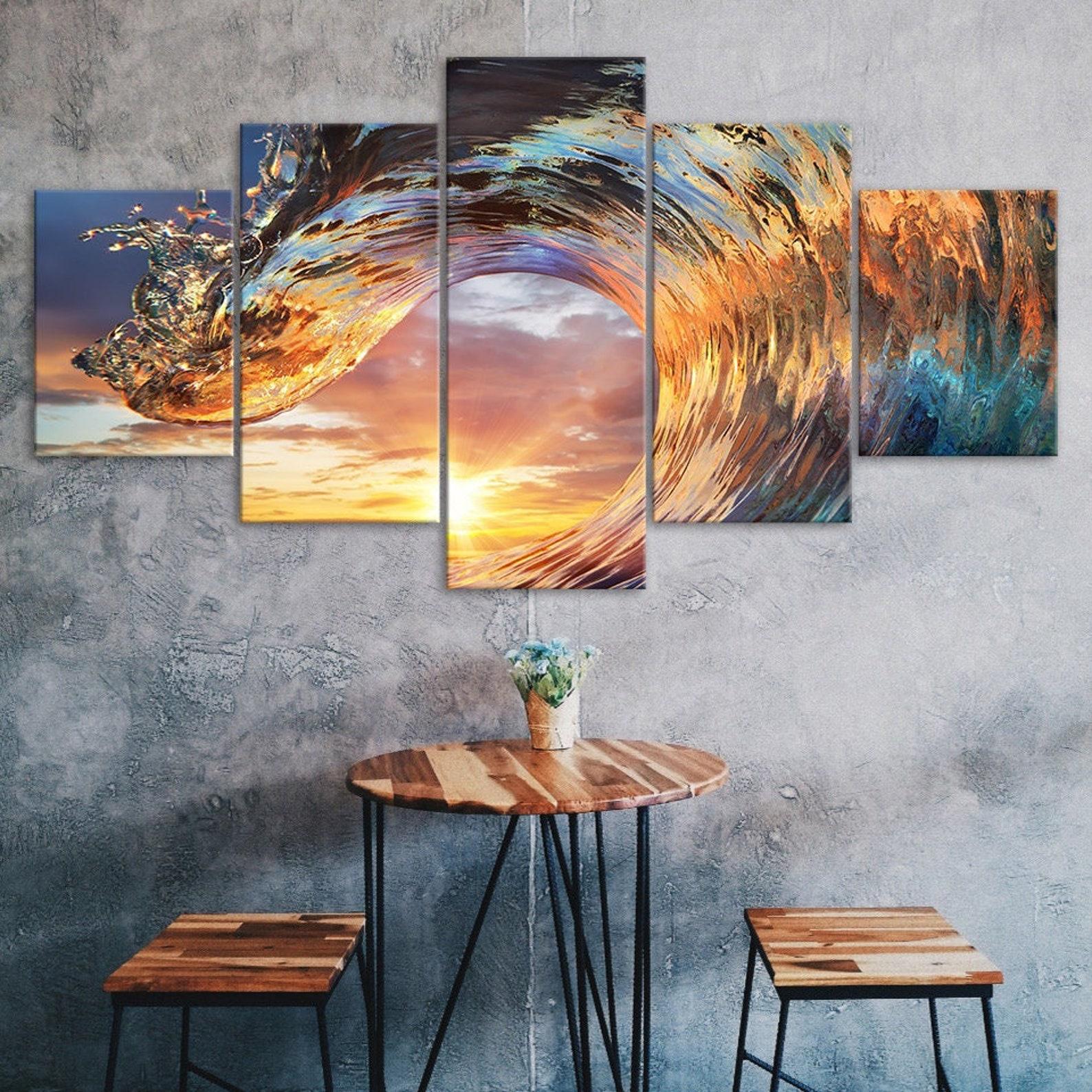 

Sunset Beach Wave Ocean Scene 5 Piece Five Panel Wall Canvas Print Modern Art Poster Home Decor Gift For Him For Her 20X35 20X45 20X55CM