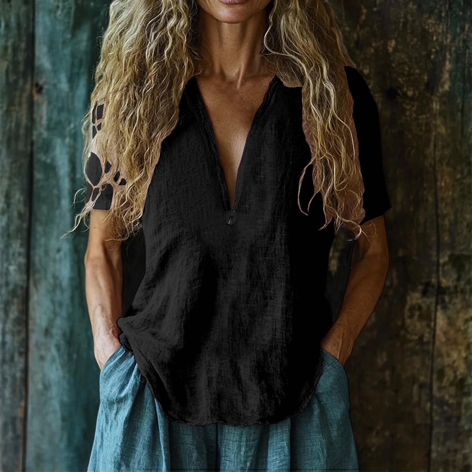 

Women s Fashionable Solid Color V Neck Button Short Sleeved Pullover Top L чорний