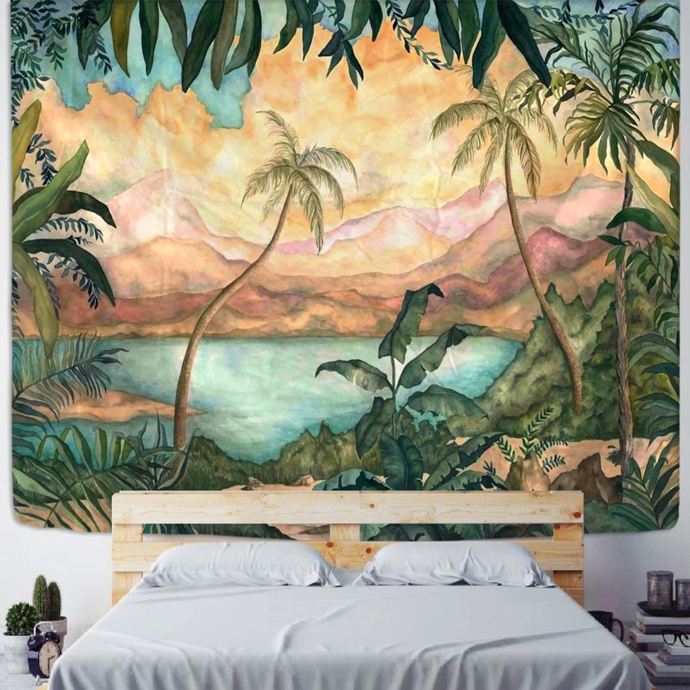 Tropical Rainforest Tapestry Wall Hanging Family Bedroom Decoration Polyester Fabric Bohemian Plant Art Printing