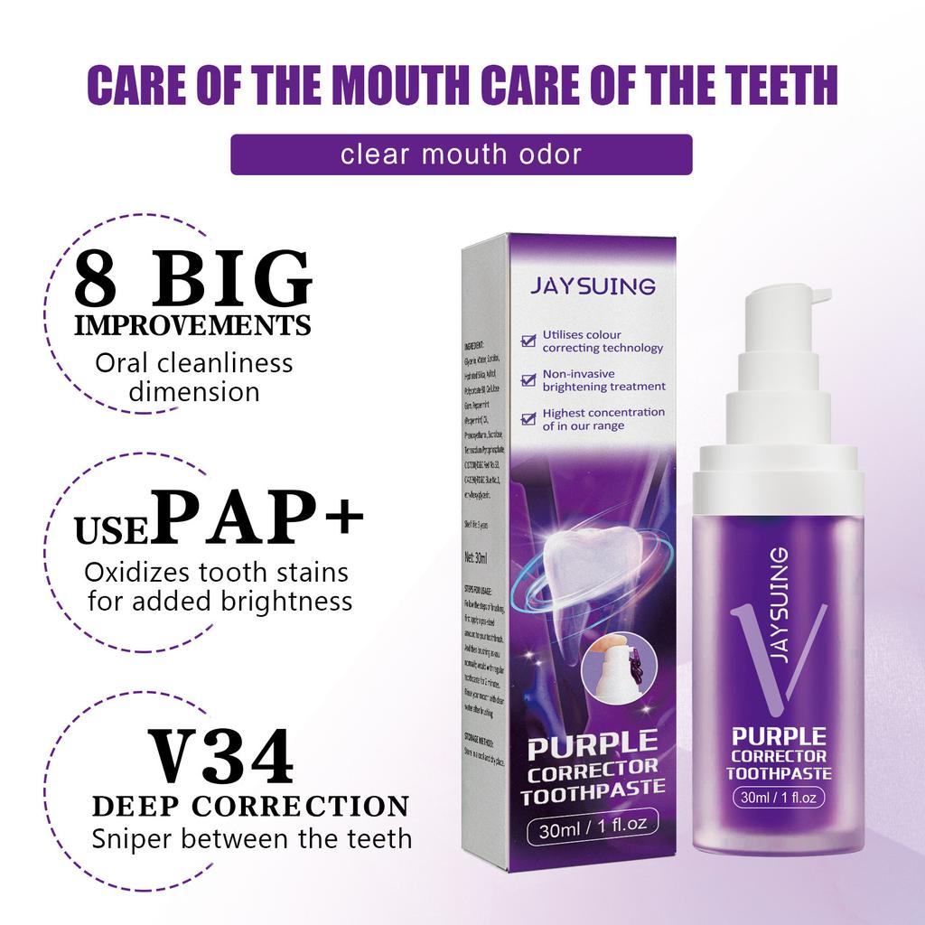 V34 Toothpaste Purple Color Corrector Toothpaste For Teeth White Brightening Tooth Care Toothpaste Reduce Yellowing 30ml