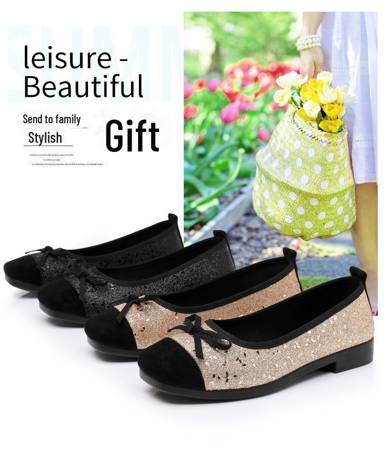 2025 New Women's French-Style Sequined Bow Flats: Square Toe, Shallow Mouth Evening Shoes