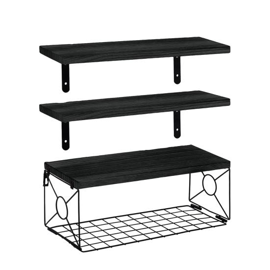 

Настінна плаваюча полиця для ванної кімнати з металевим кошиком, рустикальна дерев яна полиця для кріплення на стіну над туалетом, органайзер-стелаж для домашнього офісу, вітальні чорний
