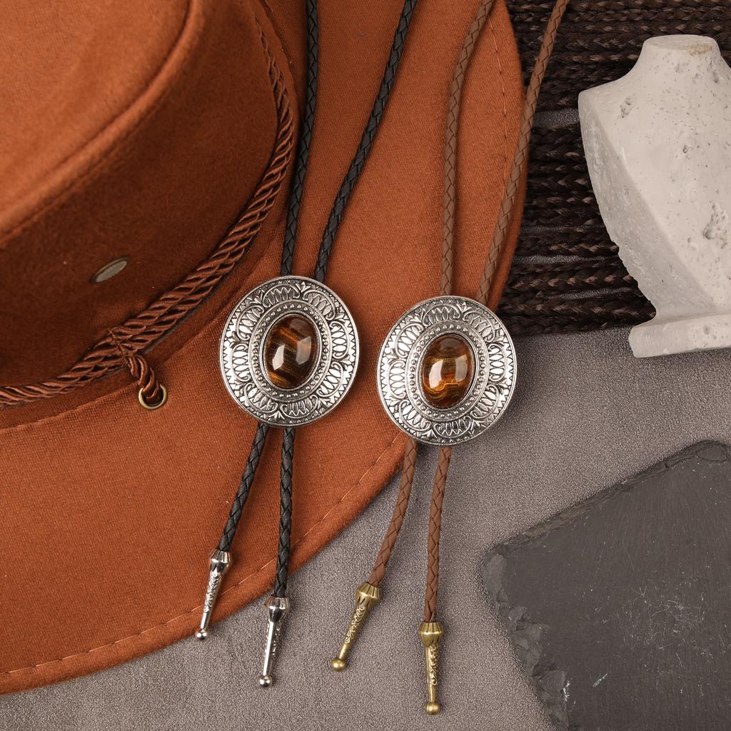 Corbata Bolo Vaquera Occidental Vintage Colgante Ovalado de Metal Cuerda Trenzada de Cuero Corbata de Cuello Accesorios para Sombrero de Vaquero del Suroeste para Hombres