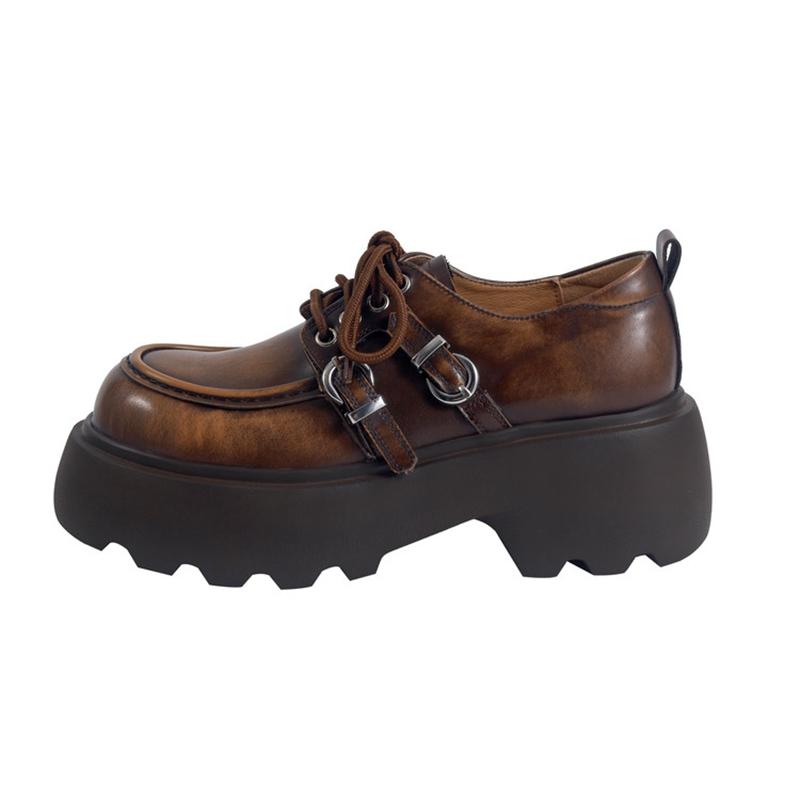 Модные женские новые кожаные туфли из коровьей кожи с круглым носком на высоком каблуке с металлической пряжкой-ремнем на шнуровке в стиле колледж одинарные туфли на толстой подошве ретро повседневные 250 коричневый 8200₽