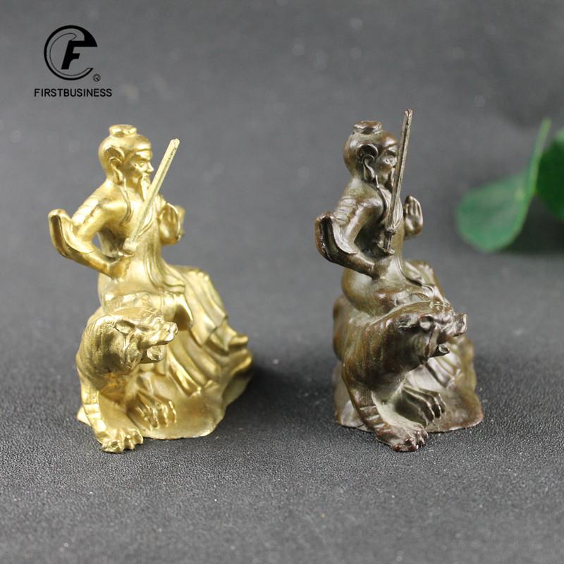 Retro Brass Chinese Taoist Founder Zhang Daoling Riding Tiger Statue Feng Shui Desk Ornament Home Decorative Crafts Accessories