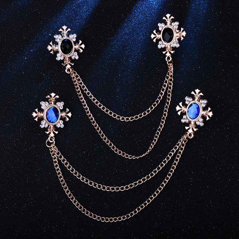 Fashion Cross Collar Chain Gothic Rhinestone Cross Collar Pin with Fringe for Men Women Bohemian Shirt Accessory Brooch Lapel Pin
