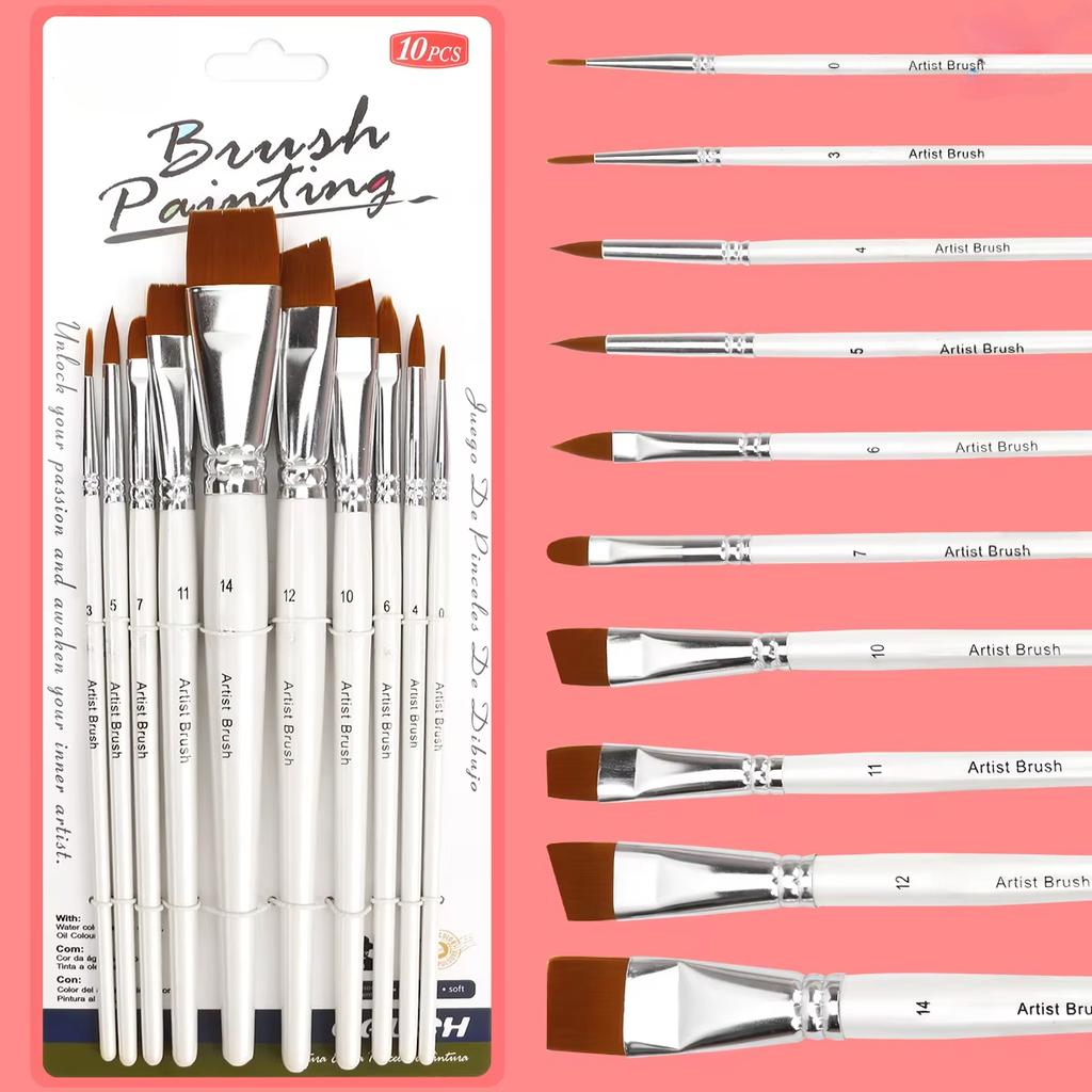 10pc/set Art Paint Brush Set with Wood Handles Soft Nylon Liner Brushes for Watercolor Dual Use Art Makeup Brushes Art Supplies