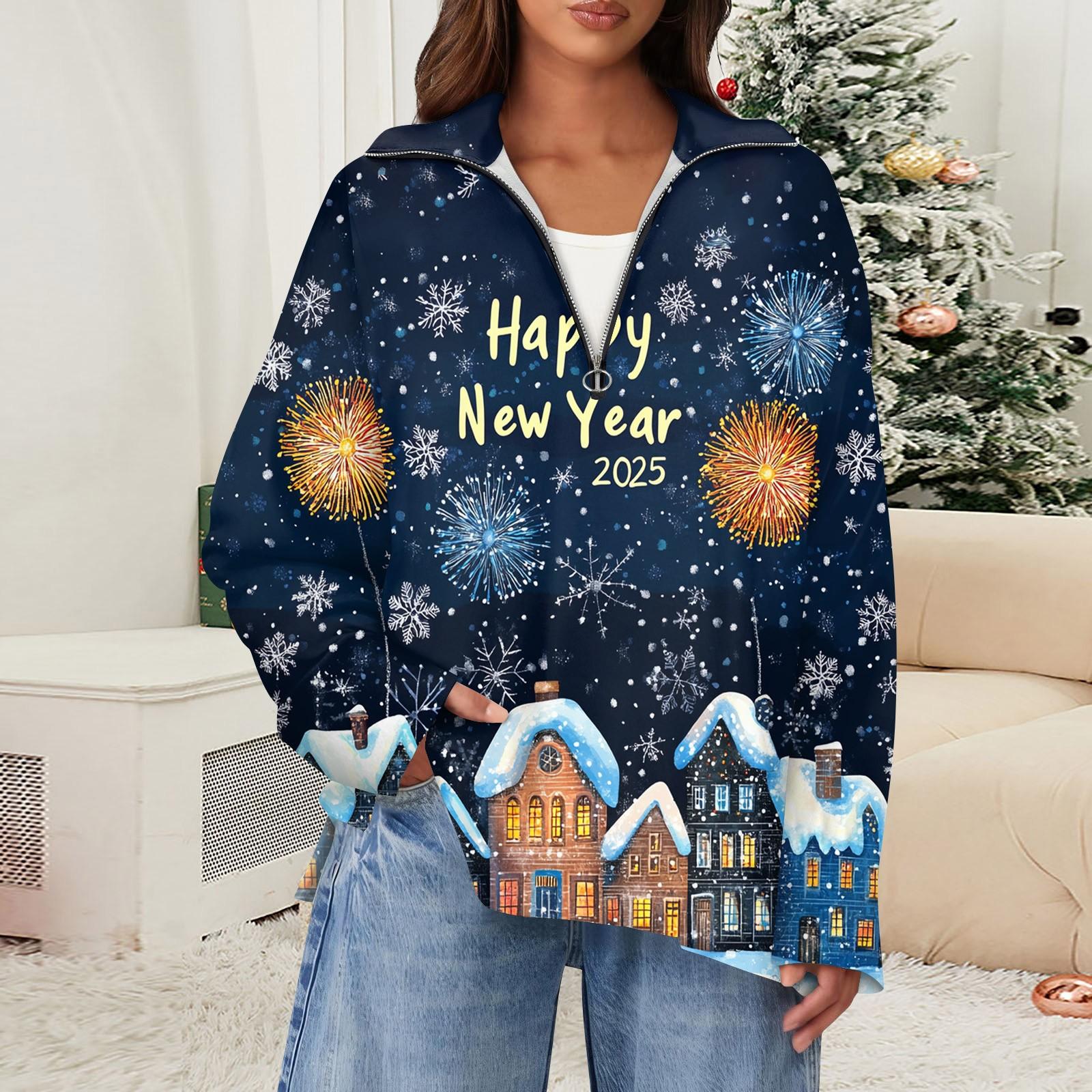 Женский повседневный свитер с отворотом на молнии и рождественским принтом, с разрезом сверху и сбоку, модная одежда XL