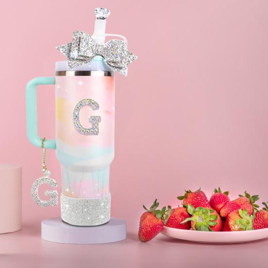 5Pcs Rhinestone Straw Cover Set for Water Bottles Silicone Boot Sticker Letter Charms