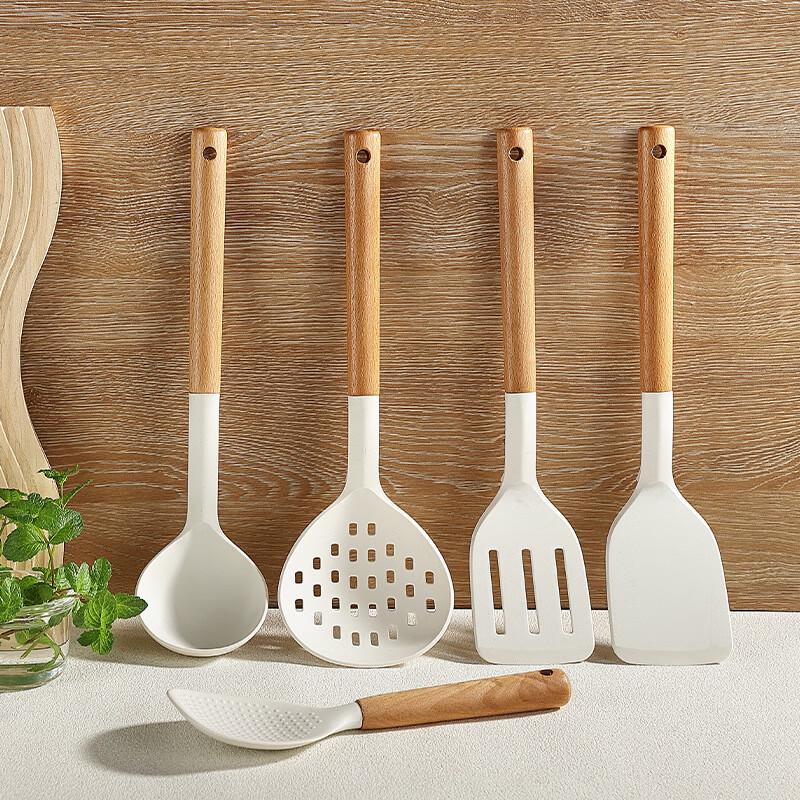 ZISIZ Silicone & Beechwood 5-Piece Kitchen Utensil Set