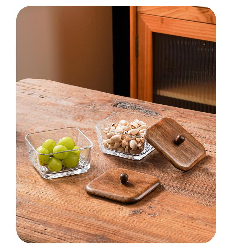Compartmented Walnut Wood and Glass Snack Tray