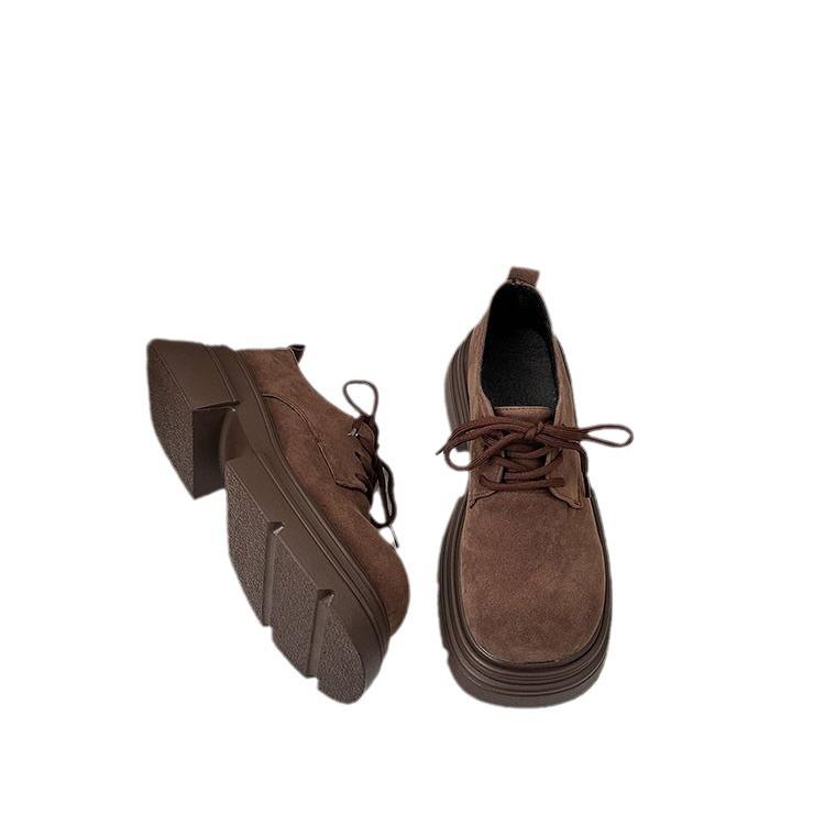 Braune Damen Frühling und Herbst neue Retro-Stil vielseitige Muffin-Plateau-Schnürschuhe mit großem Kopf kleine Lederschuhe