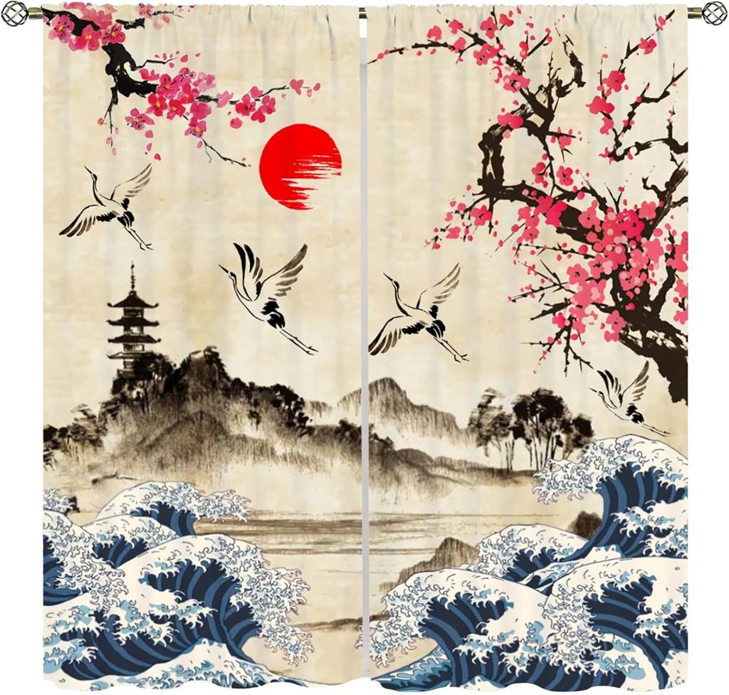 Moderne Japanische Vorhänge Glückskatze Berg Fuji Kirschblüten Traditionelles Muster Dekor Vorhänge für Schlafzimmer Wohnzimmer