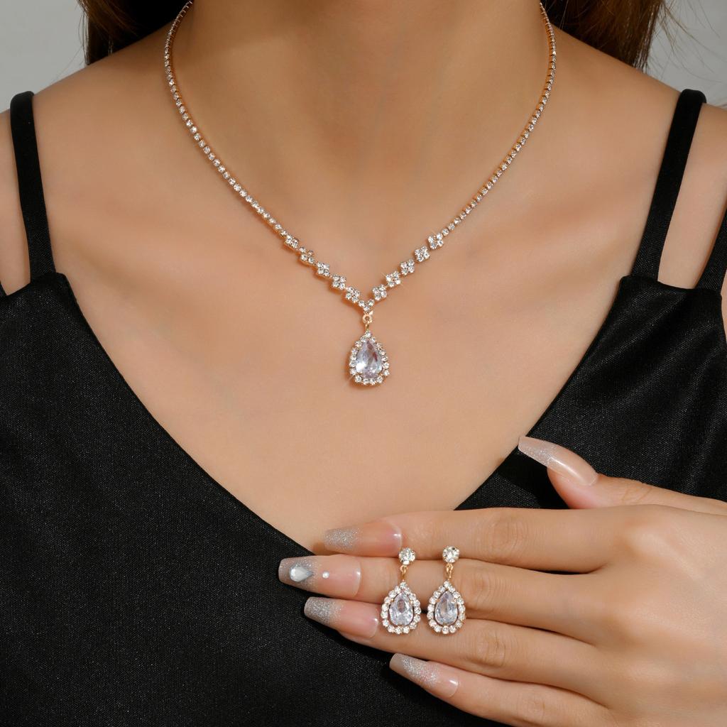 3PC Wedding Season Women's Fashion Copper Inlaid Water Drop Necklace Earrings Jewelry Set Wedding Banquet Party Holiday Gift