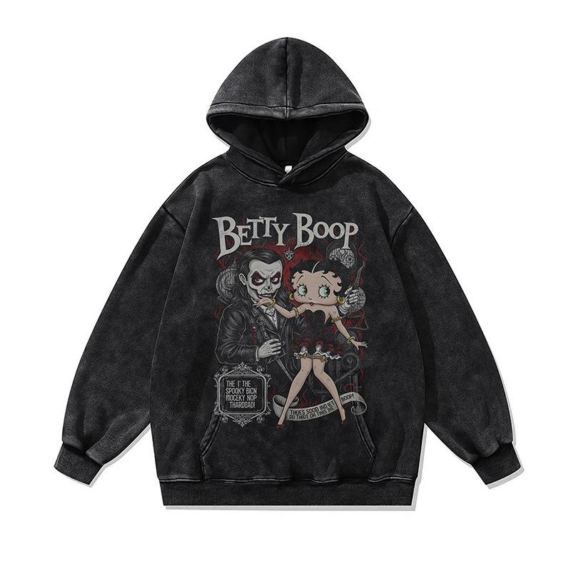 American Retro Cartoon Direct Injection Printing Hoodie Men And Women Autumn And Winter Oversize Washed Hooded Sweater