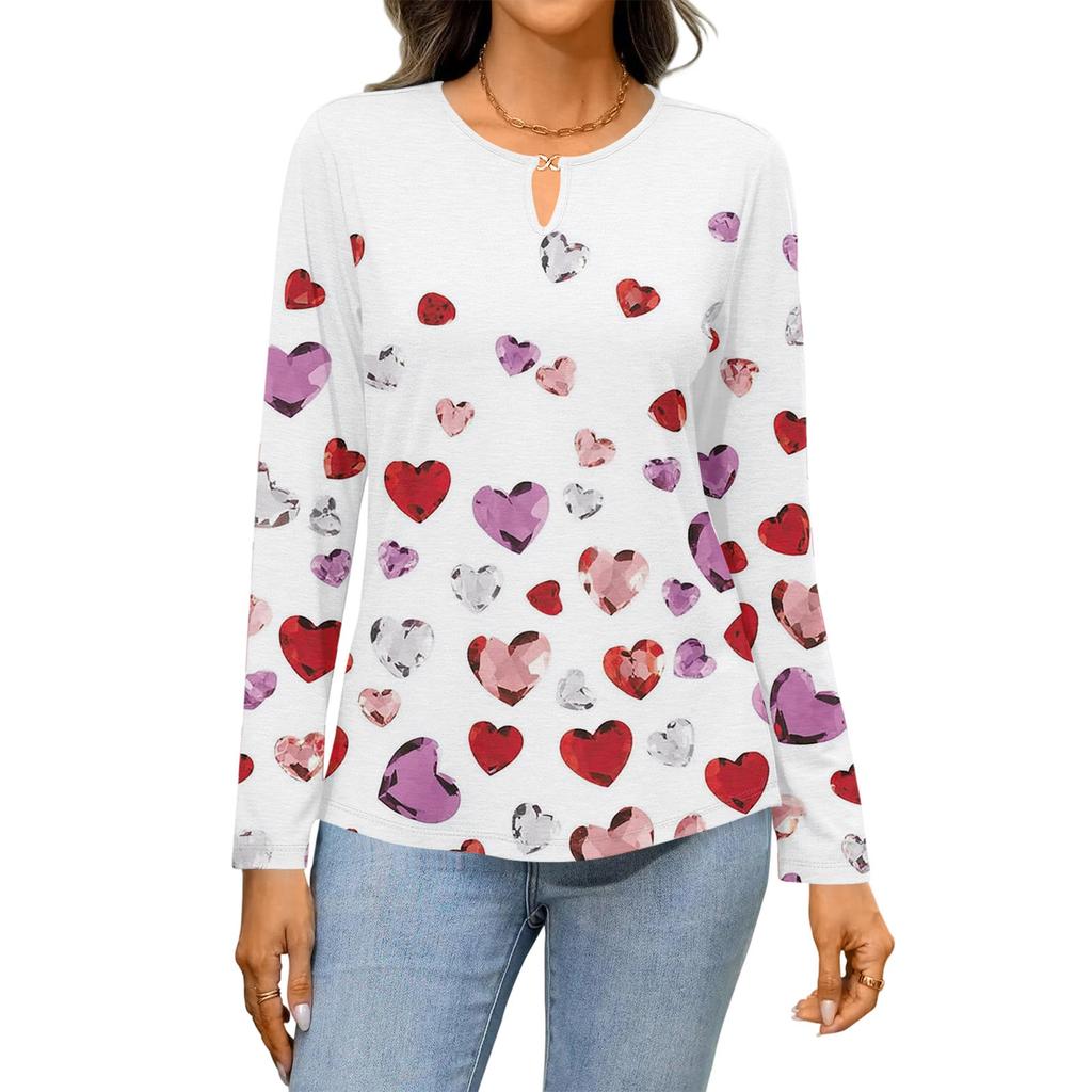 Women's Casual Round Neck Hollow,out Pullover Long Sleeve Valentine's Day Heart Print T,shirt Top