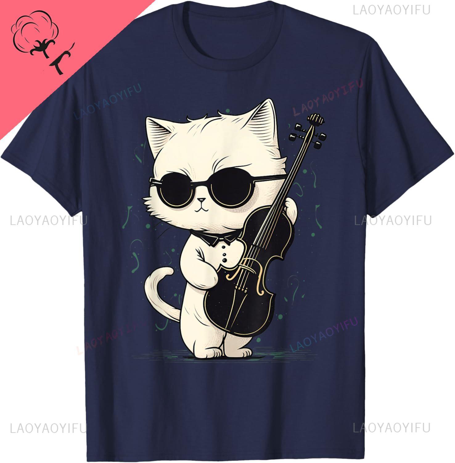 Kawaii Cat Playing Violin Wearing Sunglasses Funny TShirt Breathable and Comfortable Unisex Summer Streetwear Tops Camisas S