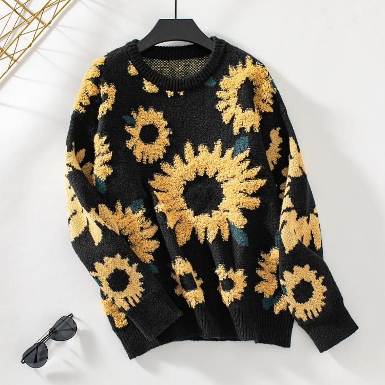 Vintage Print O Neck Knitwear Cardigan Loose Long Sleeve Sweater Autumn Winter Top