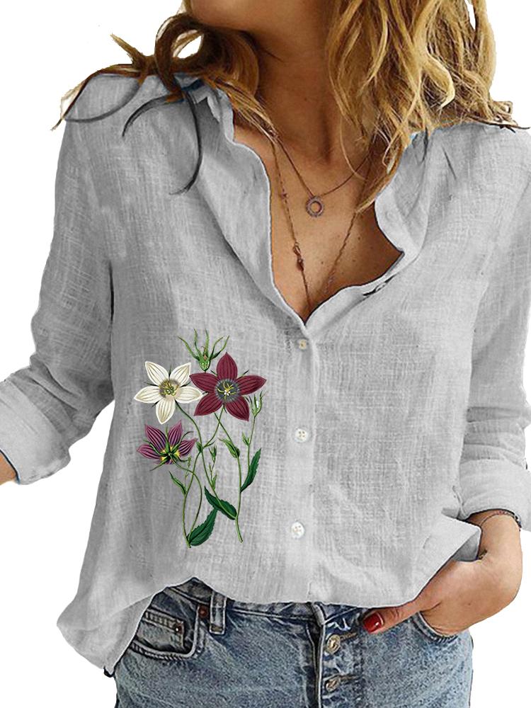 Damenmode Baumwolle Leinen Hemd Frühling&Sommer Lockeres Oberteil Damen Lässige Bluse mit Blumendruck